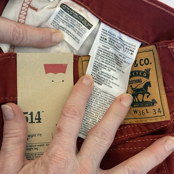 Levis 514 Straight Fit Jeans Mens 36x34 Burgundy Red Cotton Twill NWT - Picture 8 of 13